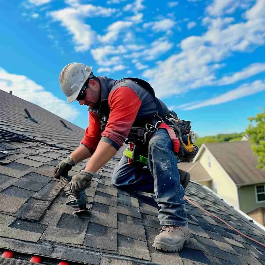 Apex Roofers resident home with roofers working on a shingle roofing