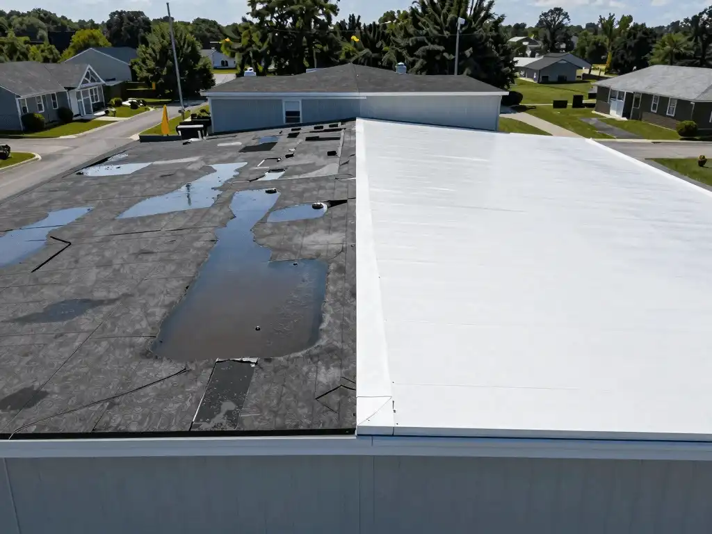 Flat Roofing before and after image fix in Nassau County